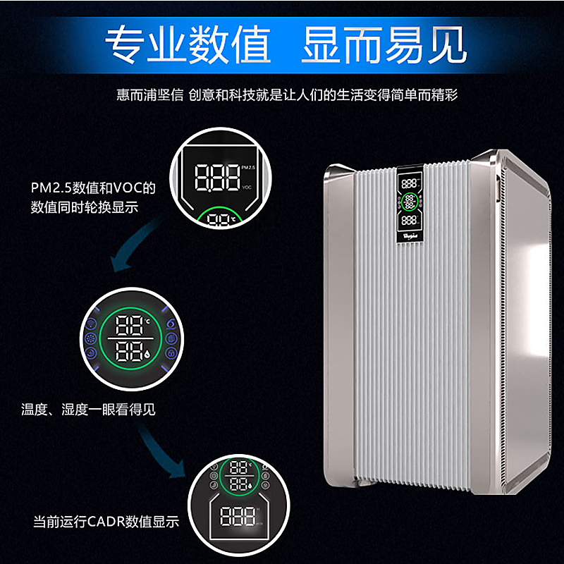 惠而浦(Whirlpool)空气净化器七重过滤杀菌除醛家用高性能智能数显WA-D001FK