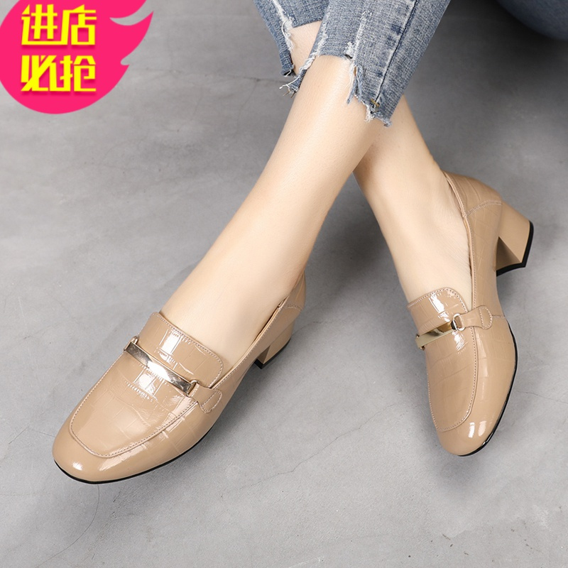 金三志2021春秋季新款皮单鞋女粗跟舒适韩版时尚女式皮鞋中跟大码女鞋休闲鞋