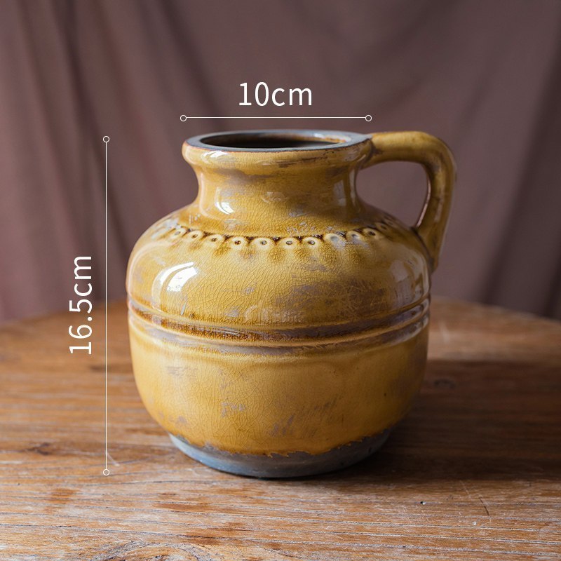 复古冰裂纹陶瓷花瓶 花壶罐子花器装饰摆件 怀旧美式乡村 把手花壶（大）_746