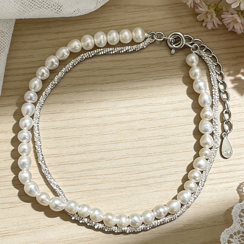 北京黄金 925 银天然淡水珍珠电银闪花双层手链 轻奢气质百搭银饰手饰高清大图