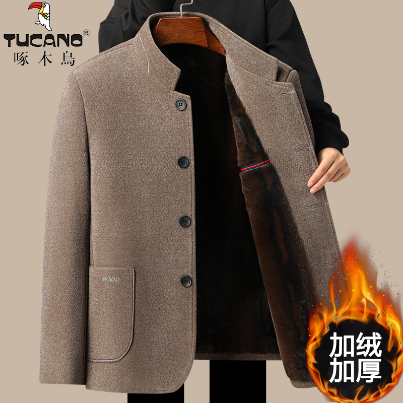 啄木鸟爸爸冬装毛呢棉服外套加绒加厚款中老年棉衣男爷爷保暖棉绒高清大图