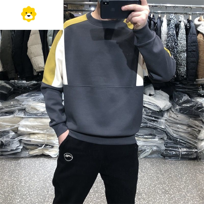 fishbasket秋冬男士加厚加绒卫衣韩版潮流帅气拼接套头休闲上衣百搭