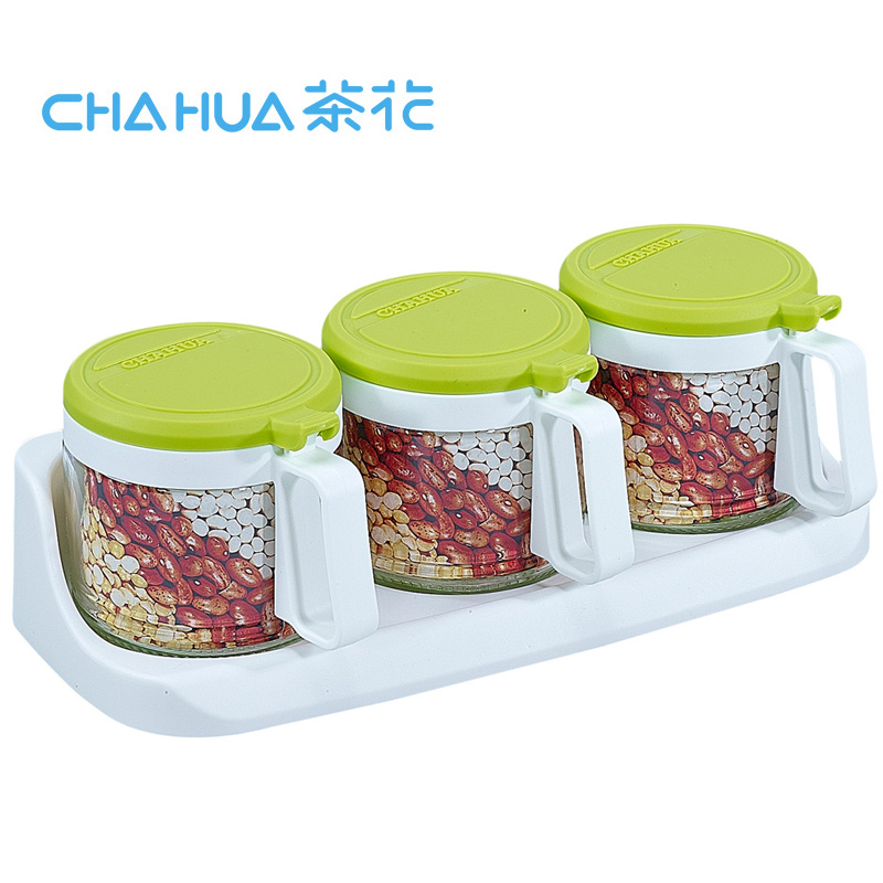 茶花(CHAHUA)6016 茶花三组圆形玻璃调味瓶300ml*3 绿色 2个装
