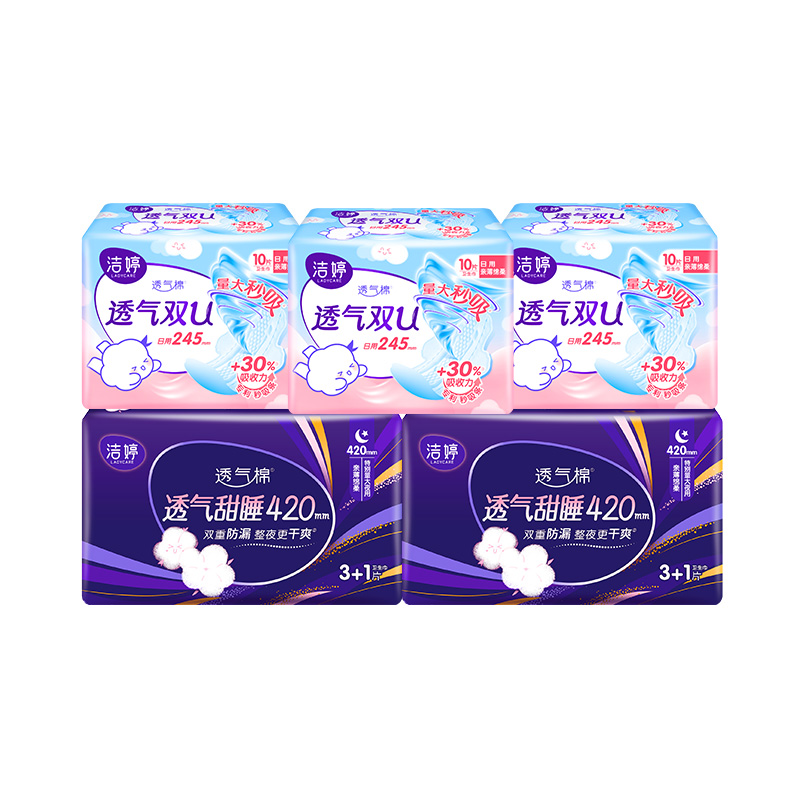 洁婷卫生巾日用夜用棉柔透气组姨妈巾38片 【日10片*3包+420夜4片*2包】