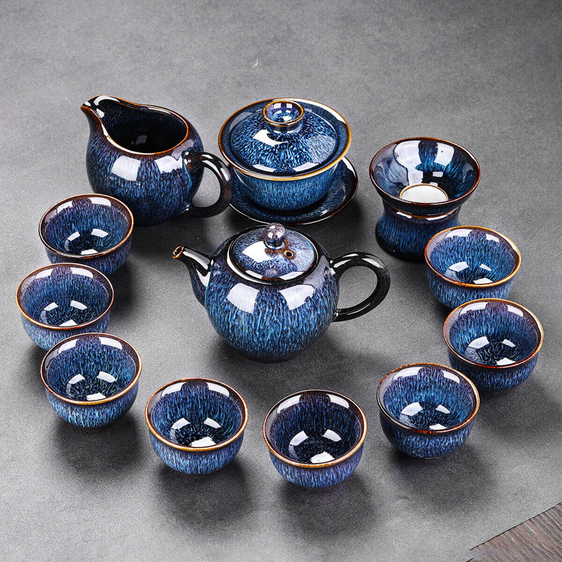 功夫茶具套装家用陶瓷天目窑变泡茶器客厅办公室会客整套 井中月功夫茶具12头(窑变蓝)