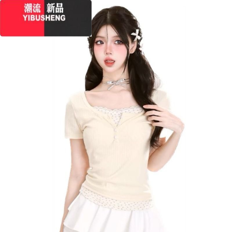 YIBUSHENG美式纯欲新款碎花假两件季辣妹上衣女短袖修身显瘦别致小众T恤高清大图