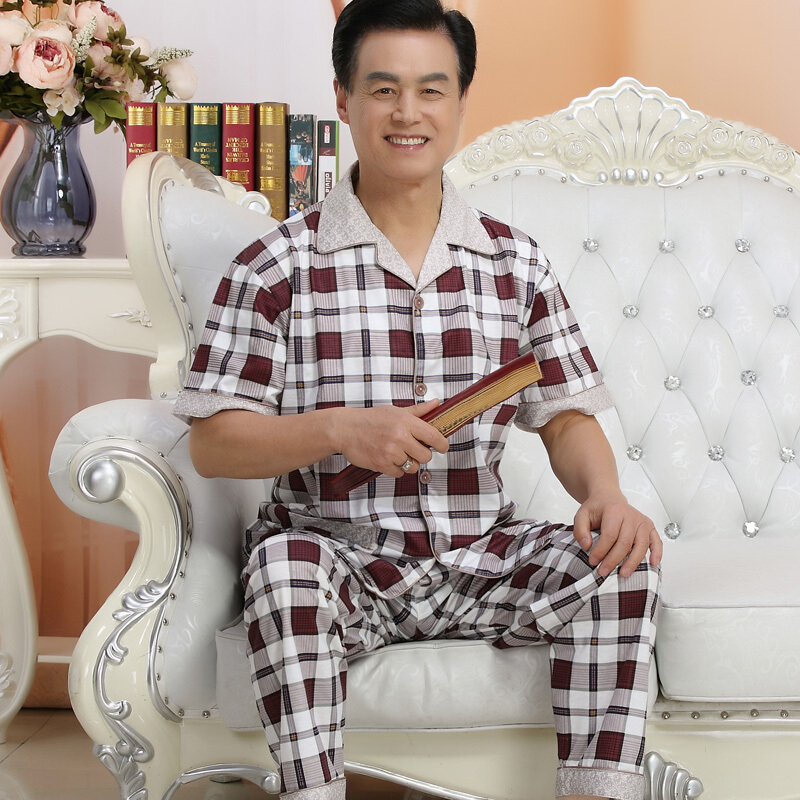中老年情侣睡衣女士纯棉夏季大码薄款短袖长裤男款夏天妈妈家居服