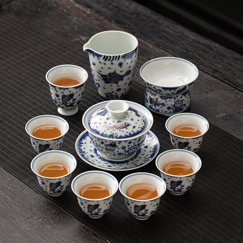 苏氏陶瓷/SUSHI CERAMICS J0791 柴窑青花描金鱼藻纹三才盖碗 (单位:套)