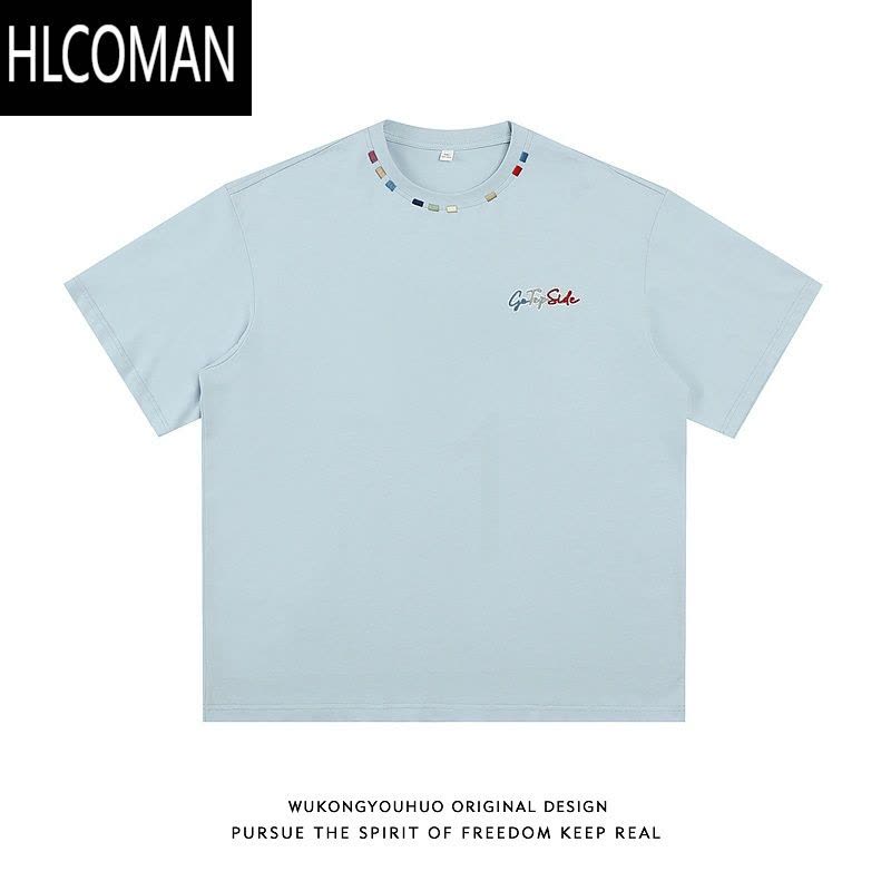 HLCOMAN美式潮牌刺绣设计感短袖T恤男夏季复古宽松情侣体恤图片