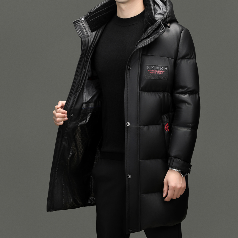100头层真皮白鸭绒羽绒服皮夹克皮外套冬季加厚保暖中长款新款男装皮夹克海宁真皮绵羊皮高清大图