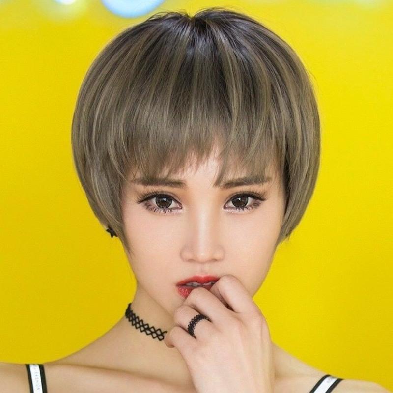 假发女时尚短发自然逼真斜刘海韩版短直发圆脸帅气中性短发假发套补发