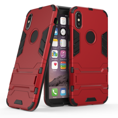 HIGE/iphonex手机壳防摔硬壳铠甲带支架全包磨砂男女潮款 适用于苹果x手机壳 酒红色+送高清钢化膜