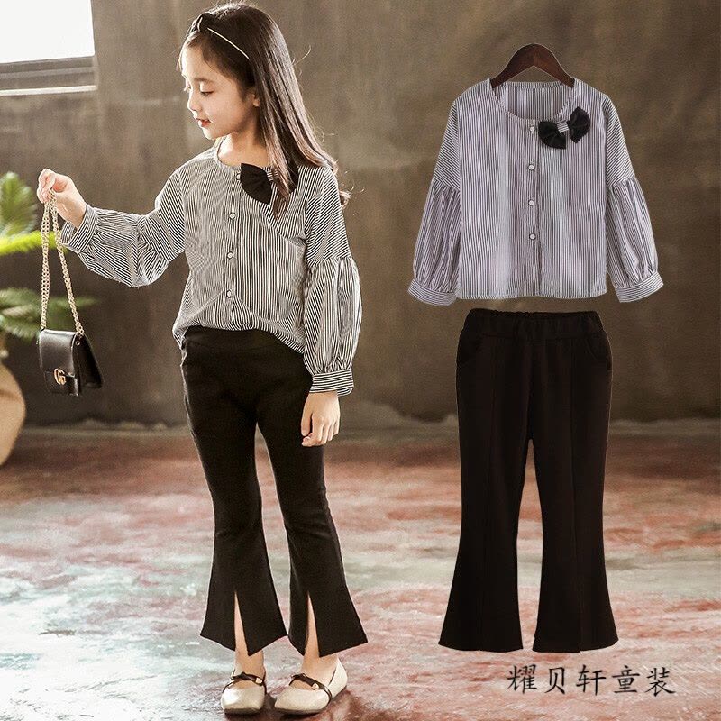 迪鲁奥(DILUAO)女童洋气套装2021新款春秋装时髦两件套装儿童上衣长袖衬衫喇叭裤 黑色图片