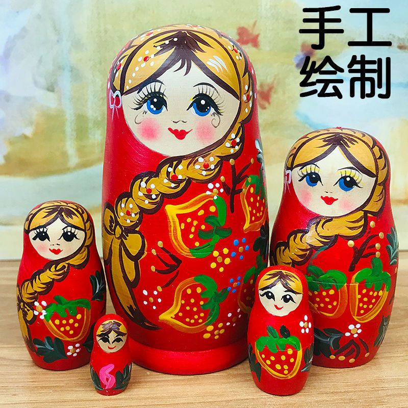 俄罗斯5层套娃大头儿子卡通小猪佩奇海宝木制儿童益智玩具孩子 5层斑点蓝色