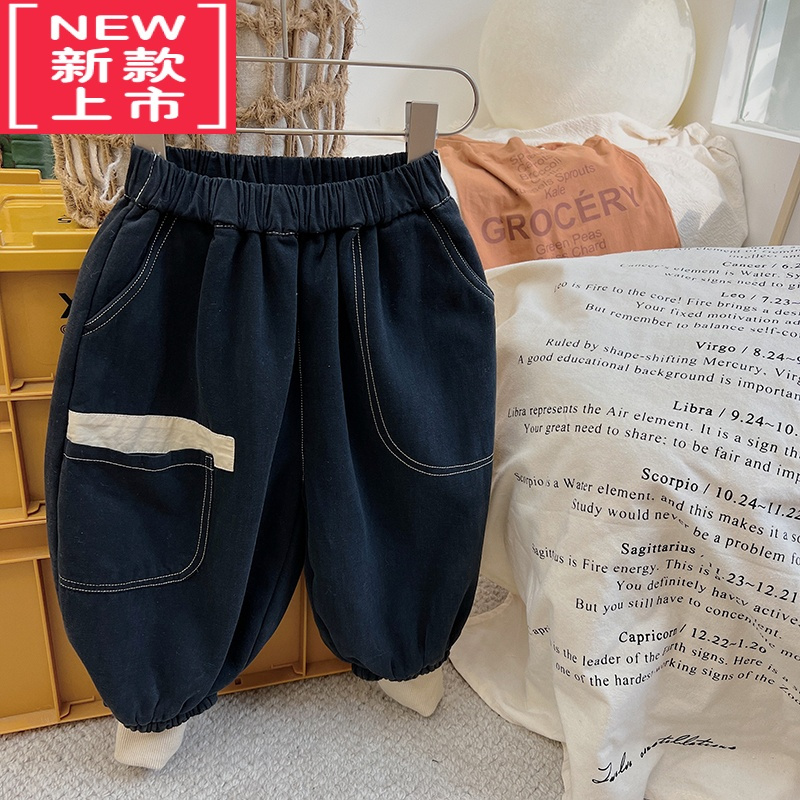 可莉允腔调儿~韩国儿童拼色加绒束脚裤男童加厚保暖明线拼接宽松灯笼裤保暖裤