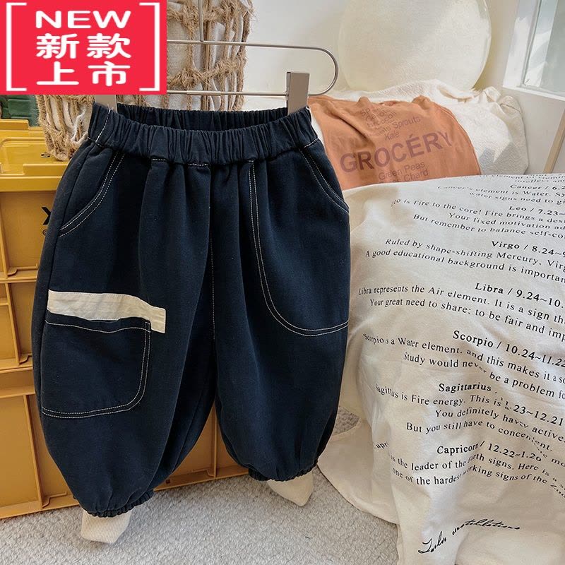 可莉允腔调儿~韩国儿童拼色加绒束脚裤男童加厚保暖明线拼接宽松灯笼裤保暖裤图片