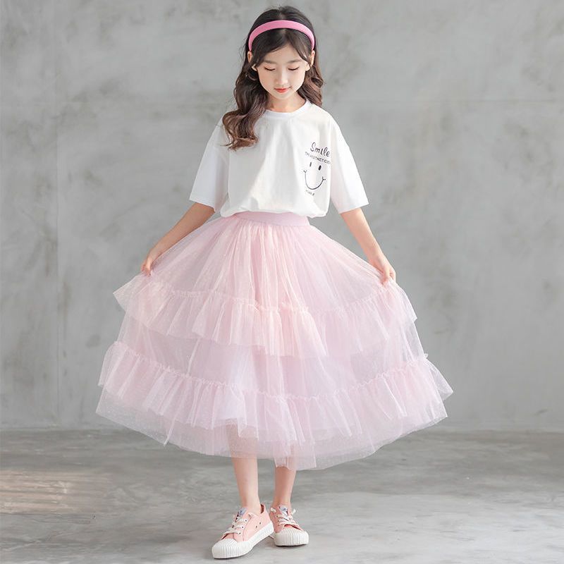 儿童半身裙亲子公主蓬蓬裙中大童网纱蛋糕裙夏天女童黑色长款纱裙粉红