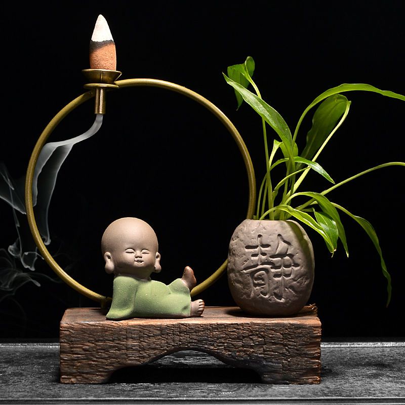 禅意木倒流香沉思中式禅意茶宠倒流香炉陶瓷沉香檀香创意香薰炉家用