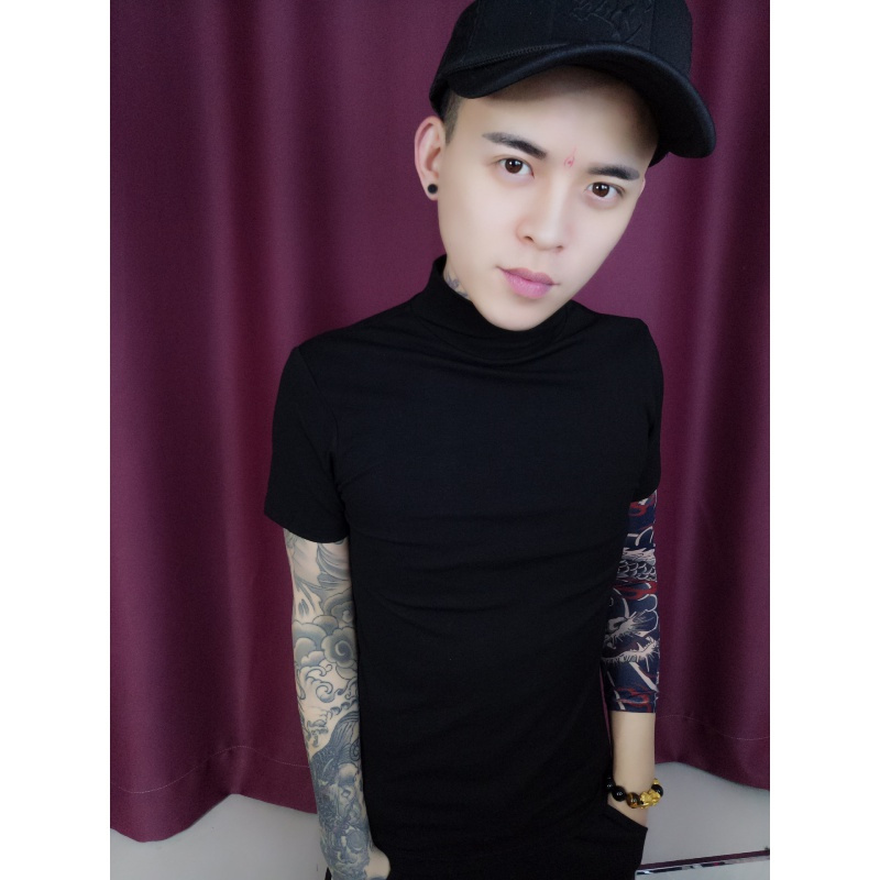 2020新款青少年男士短袖t恤社会人精神小伙修身潮流高领纯色半袖t