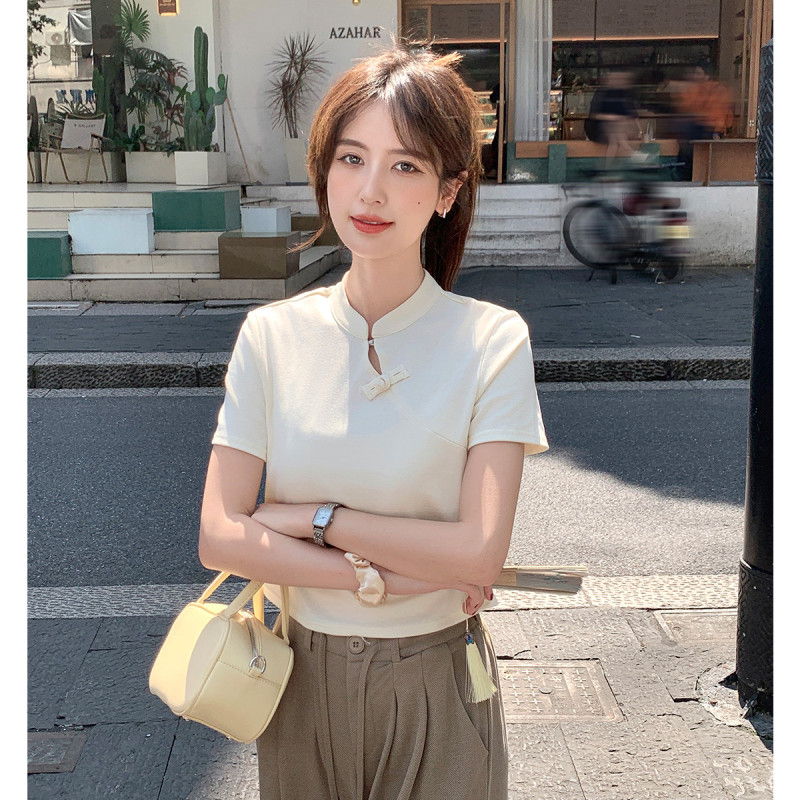 [2.5折价64元]唐狮夏季女圆领新中式短袖T恤气质优雅高级感百搭简约时尚