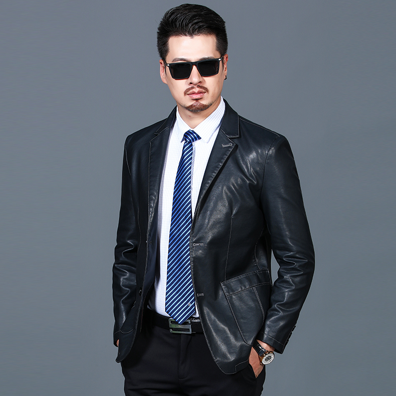 海宁山羊皮真皮西装专柜正品羊皮西服真皮皮衣男装春秋季真皮西装三粒扣真皮皮衣男式绵羊皮西服外套韩版修身男装皮衣 8887蓝色 180/92A