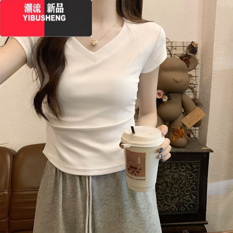 YIBUSHENG正肩短袖女t恤2024新款季修身显瘦不规则设计短款辣妹上衣高清大图