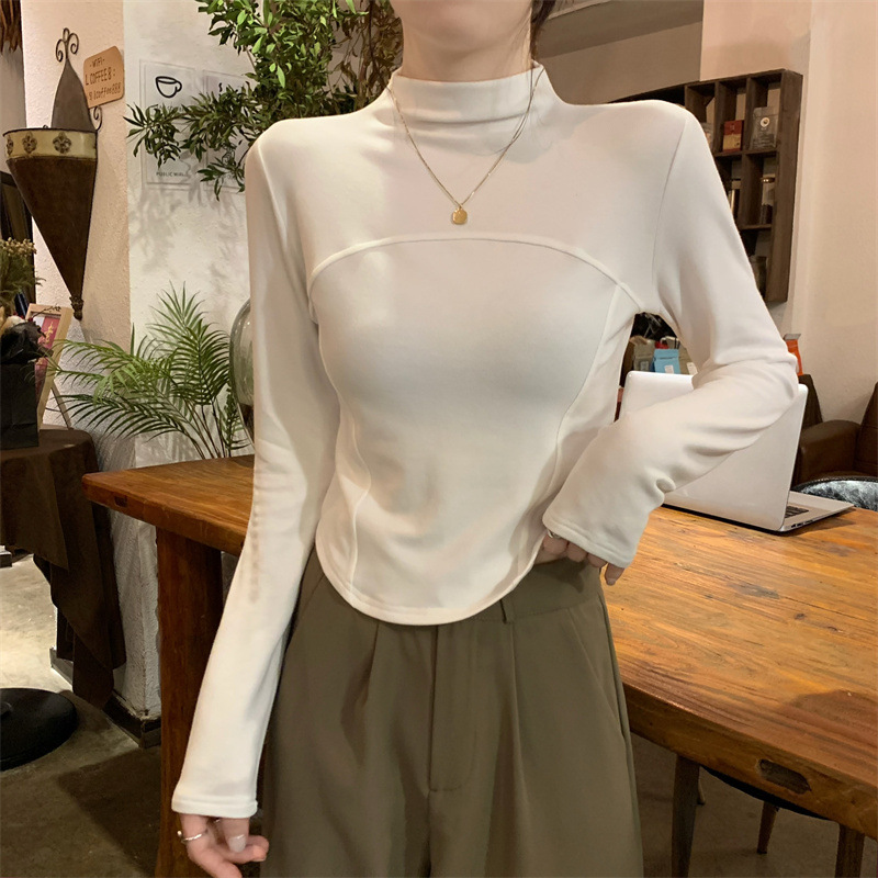 德绒半高领内搭打底衫女秋冬新款修身短款磨毛鱼骨学生上衣潮