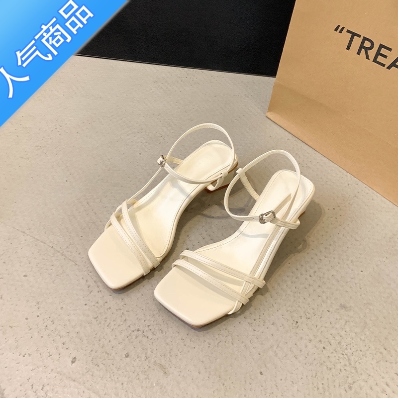 SUNTEK粗跟高跟鞋罗马凉鞋子女款夏季新款法式仙女风女士一字带时装凉鞋高清大图