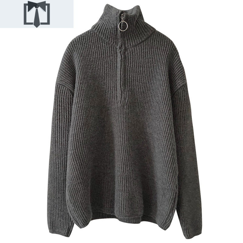 suntek灰色高领拉链毛衣女冬加厚粗毛线宽松复古日系慵懒中长款立领