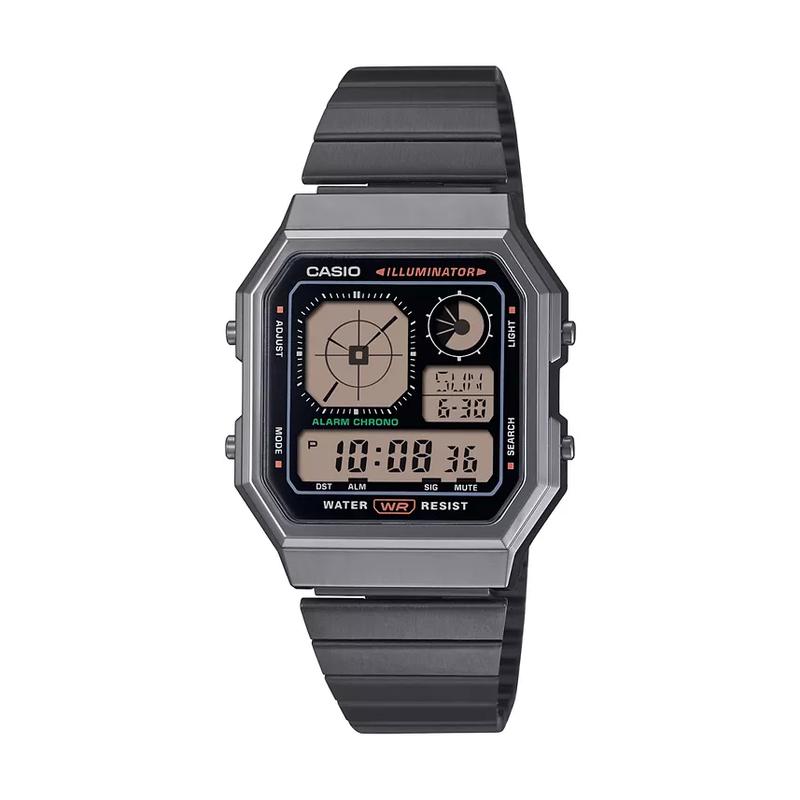 Casio 男士复古枪灰色不锈钢手表 mm多功能防水时尚腕表