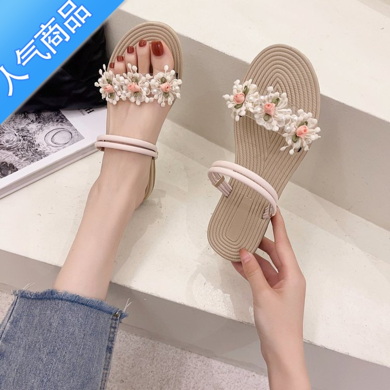 SUNTEK网红两穿凉拖鞋女ins潮2023新款仙女风花朵一字带平底沙滩凉鞋女