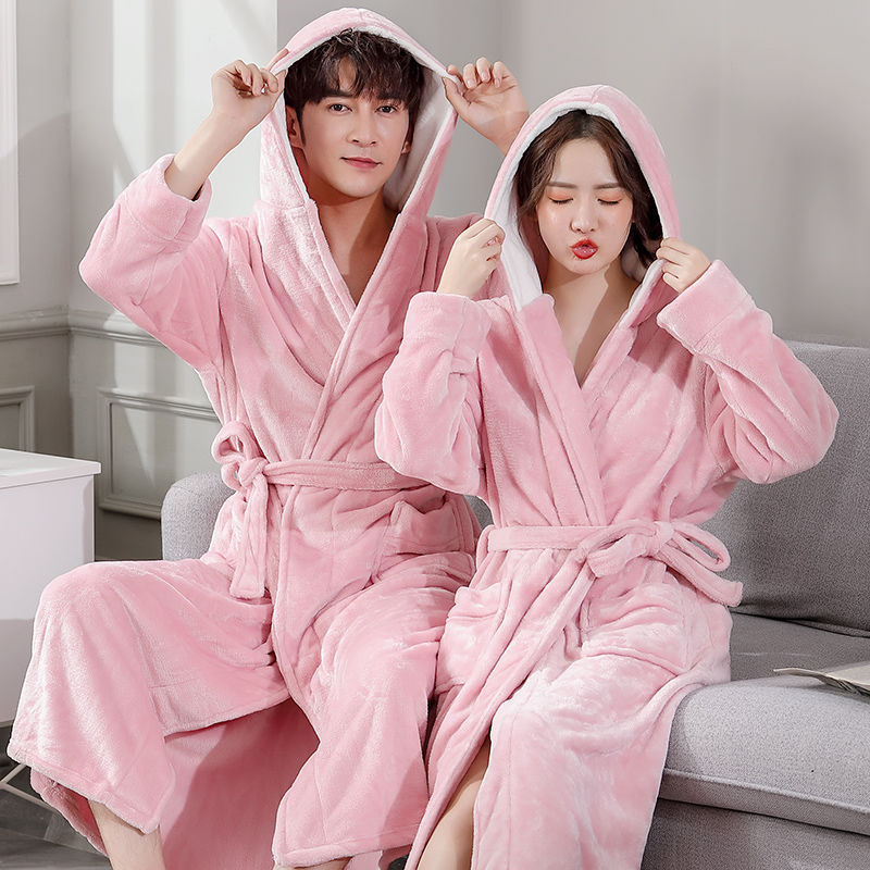 秋冬季情侣睡袍女士加厚法兰绒连帽浴袍男士冬天加长款珊瑚绒睡衣