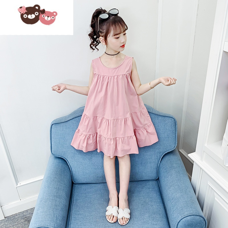 绿彩虹光女童连衣裙夏装新款网红洋气夏天薄款宽松无袖棉布裙儿童裙子