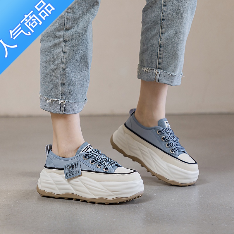 SUNTEK厚底小白鞋女2023夏季新款帆布ins潮百搭松糕鞋休闲运动板鞋高清大图