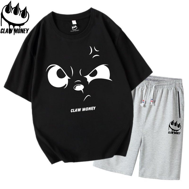 Claw money潮牌短袖T恤套装男纯棉整套青少年短裤宽松大码五分裤