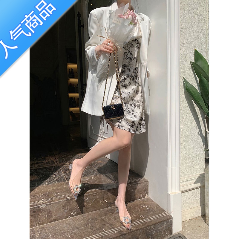 SUNTEK透明水晶包头凉鞋女2023夏季新款尖头仙女风浅口太阳花水钻高跟女高清大图