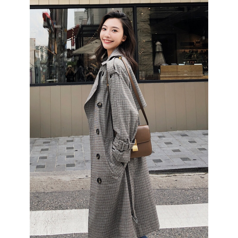lulu格子风衣女中长款2018秋季韩版学生宽松百搭chic过膝外套