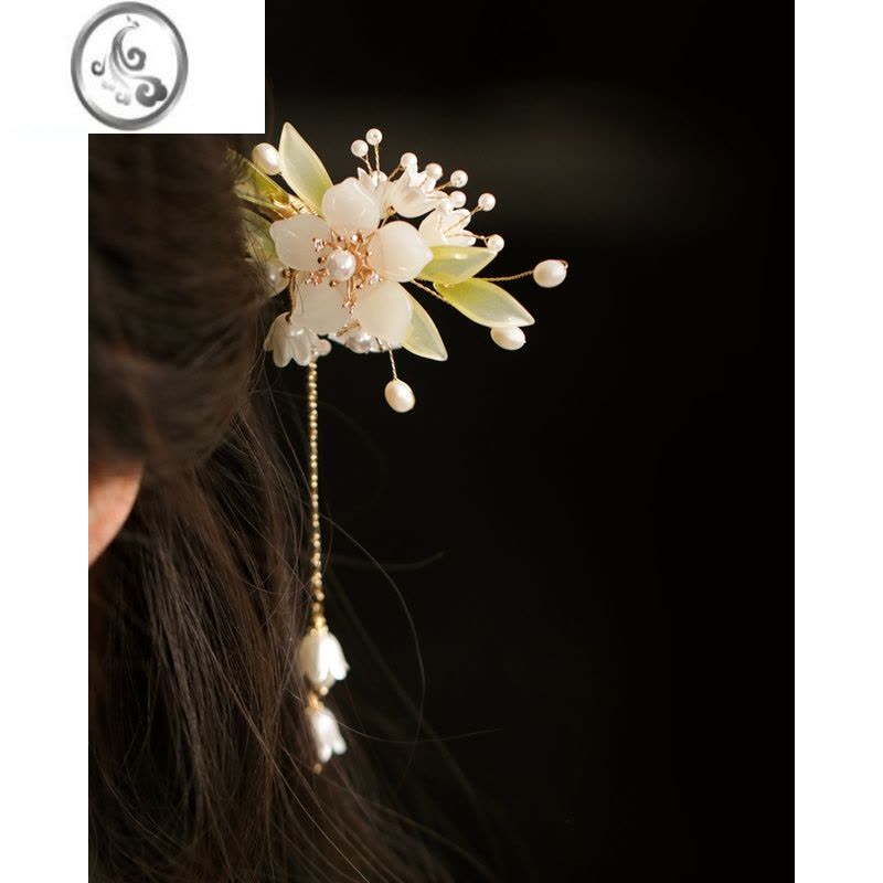 JiMi白绿色铃兰流苏发簪头饰森系 仙美 简约现代发饰汉服配饰古典步摇图片