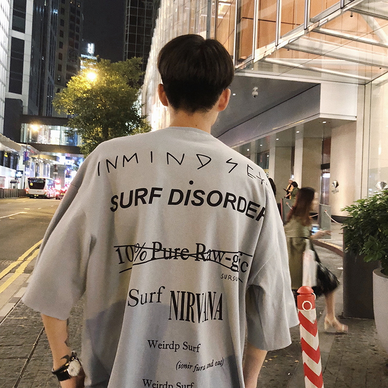 夏款男士短袖T恤韩版宽松字母印花体恤5五分袖上衣服帅气时尚半袖