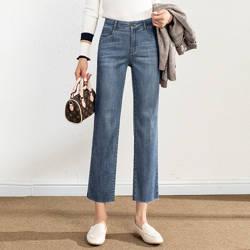 2025春季新款毛边牛仔裤高腰阔腿修身弹力休闲裤筒裤潮