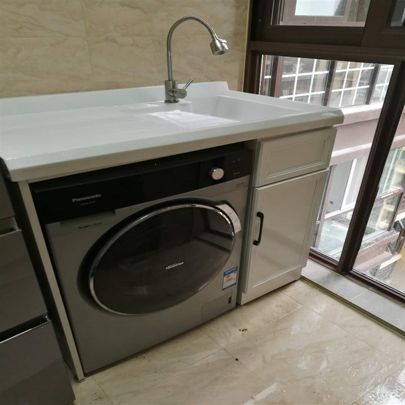 定制太空铝洗衣柜手逗石英石台面带搓衣板阳台洗衣机伴侣一体切角定制