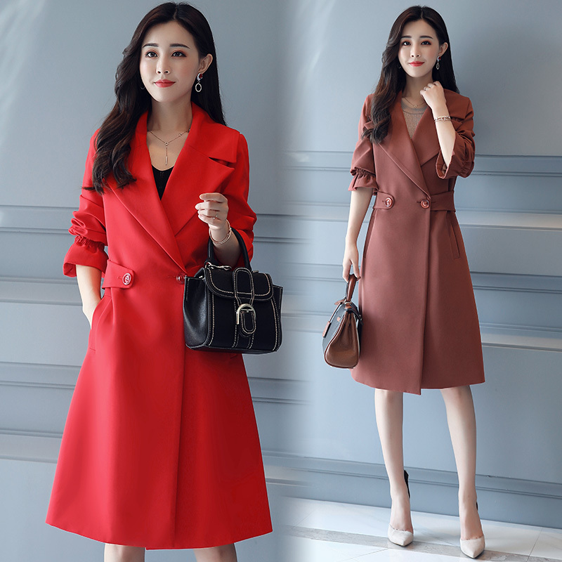 过膝风衣女中长款女士春秋季新品女装韩版修身西装领年轻春秋外套