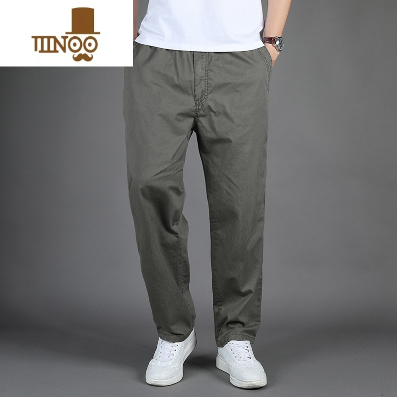 YANXU夏季休闲裤男工装裤男裤松紧长裤中年爸爸装裤子宽松直筒裤 2226/军灰色 M适合100-125斤