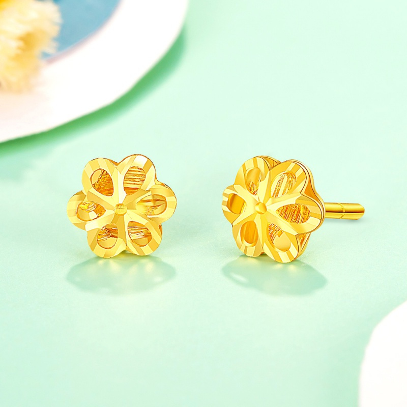 老庙足金黄金繁花耳针耳饰简约时尚黄金星星樱花耳钉女一对