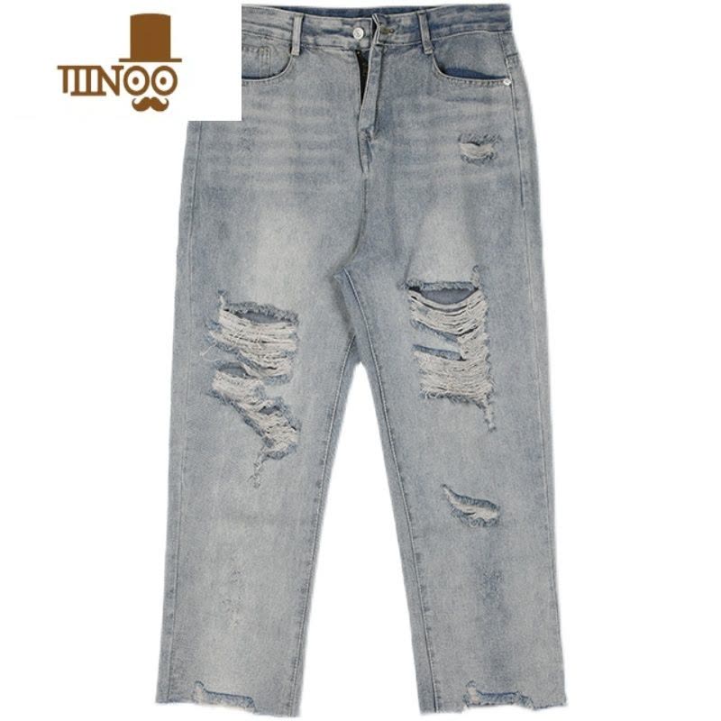 YANXU裤子潮牌男修身乞丐破洞牛仔裤男直筒宽松夏季薄款九分裤百搭男裤图片