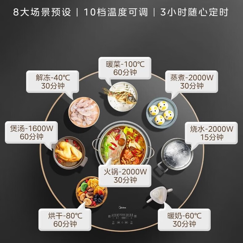 美的电磁炉暖菜板保温板热菜板家用多功能智能定时恒温饭菜加热火锅+自动旋转100cm HBU100YH黑色高清大图