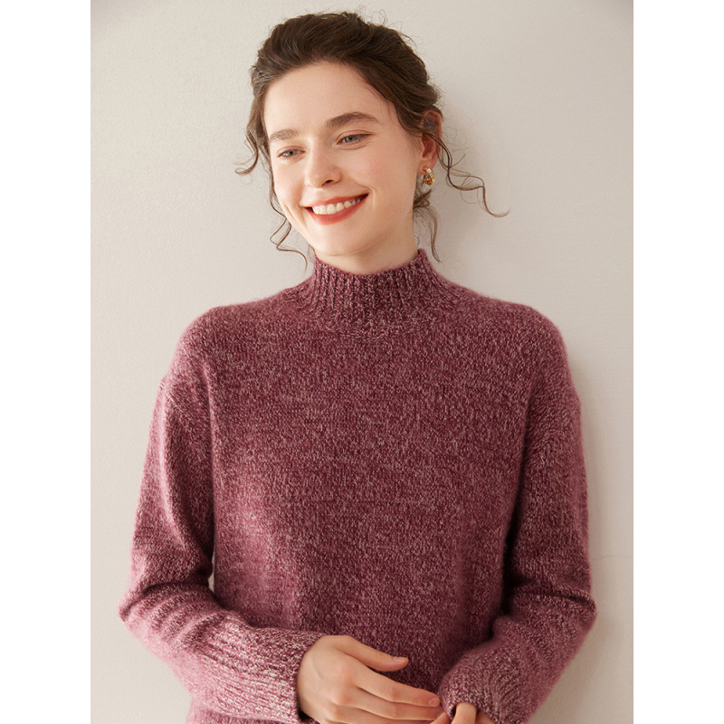 半高领山羊绒衫女花纱套头毛衣宽松百搭落肩袖保暖针织打底衫上衣