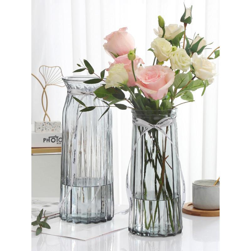 北欧式创意大号玻璃花瓶竖条纹透明水养百合玫瑰花瓶客厅插花摆件
