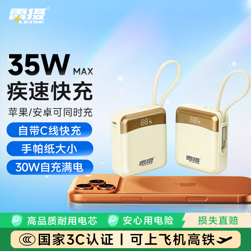 雷摄(LEISE) B19 35W快充1万毫安自带线 黄色(规格:个)