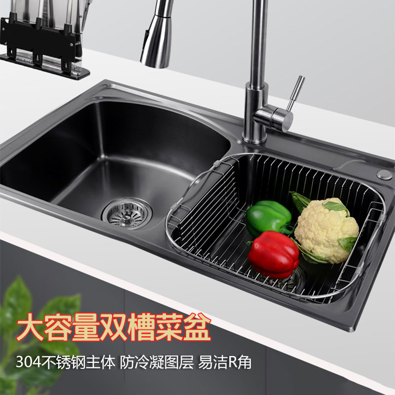 潜水艇洗菜盆双槽 厨房水槽304不锈钢洗碗池套餐家用大号水池加厚 枪灰色双槽洗菜盆高清大图